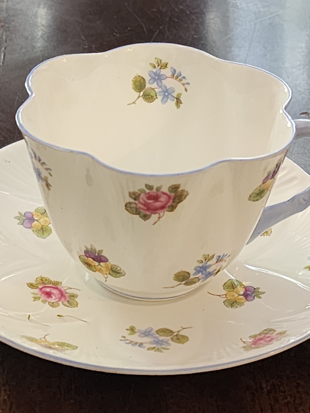 Porcelain Floral Teacup & Saucer Set - White with Pink and Blue Flowers